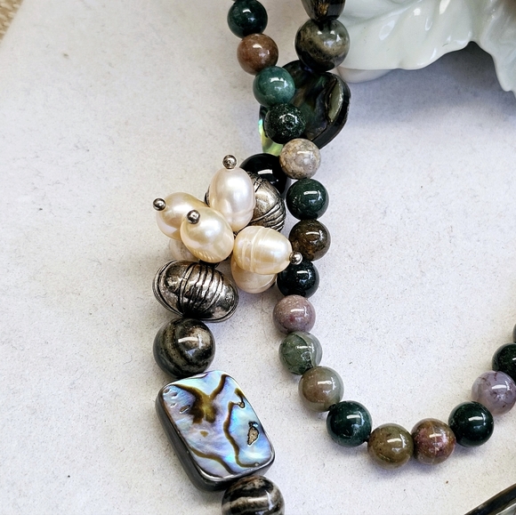 Mother of Pearl Gemstone and Abalone Bead Double-Strand Necklace with Pearls - Picture 5 of 15